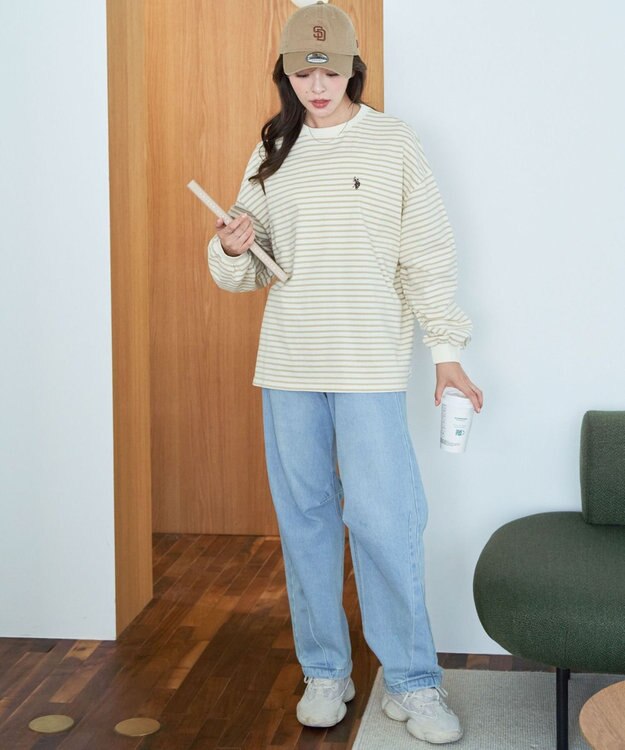 WEGO USPOLOだぼそでカラーロンT ベージュボーダー