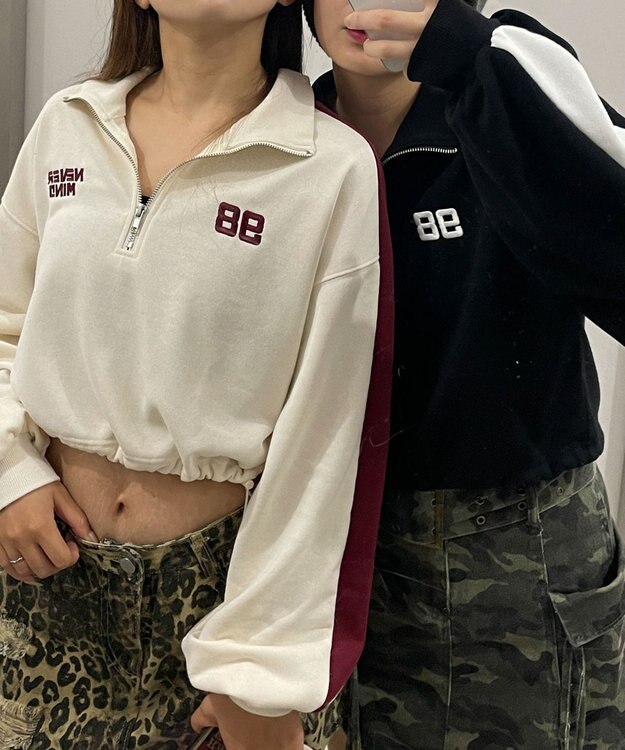 WEGO 刺繍ハーフジップショートスウェット ブラック