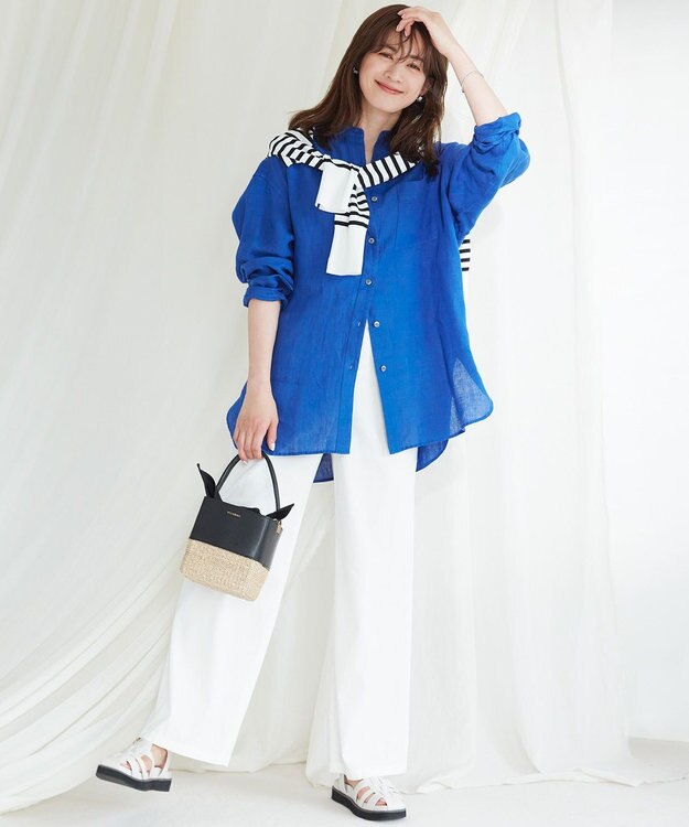 23区 【WEB限定カラーあり/洗える】LIBECO バンドカラー ビッグシルエット シャツ ブルー系