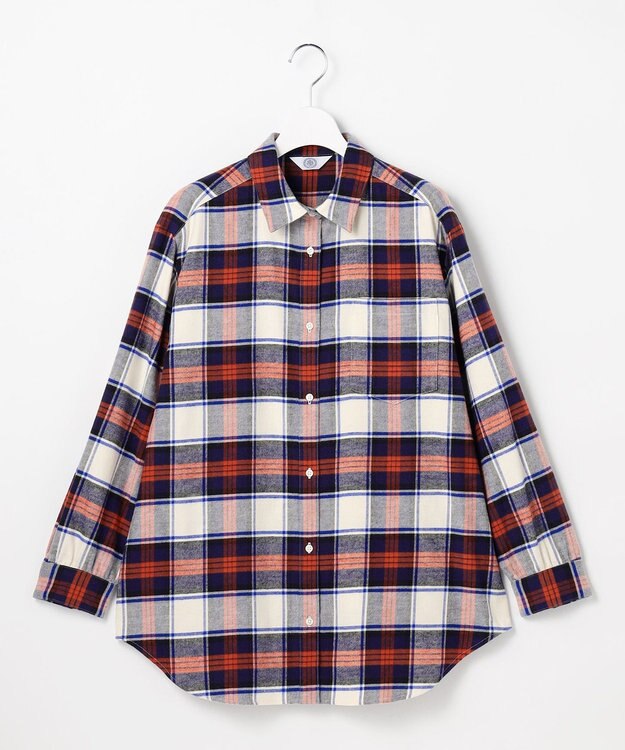 J.PRESS LADIES L コットン起毛タータンチェック シャツ ブラウス オフ×ネイビー×レッドチェック系