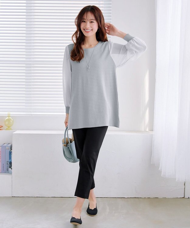 Tiaclasse L 【新色追加・洗える】シアーチェック柄ニットチュニック グレー