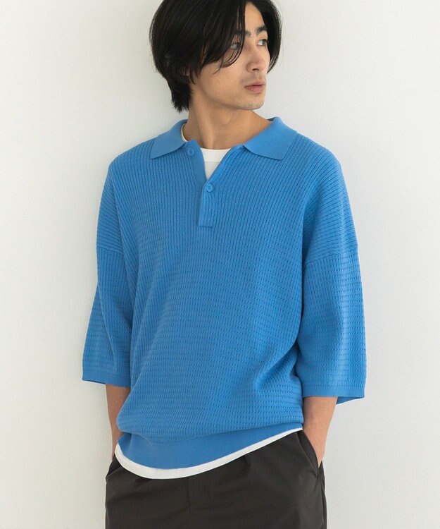 CRAFT STANDARD BOUTIQUE 透かし編み半袖ニットポロシャツ Blue