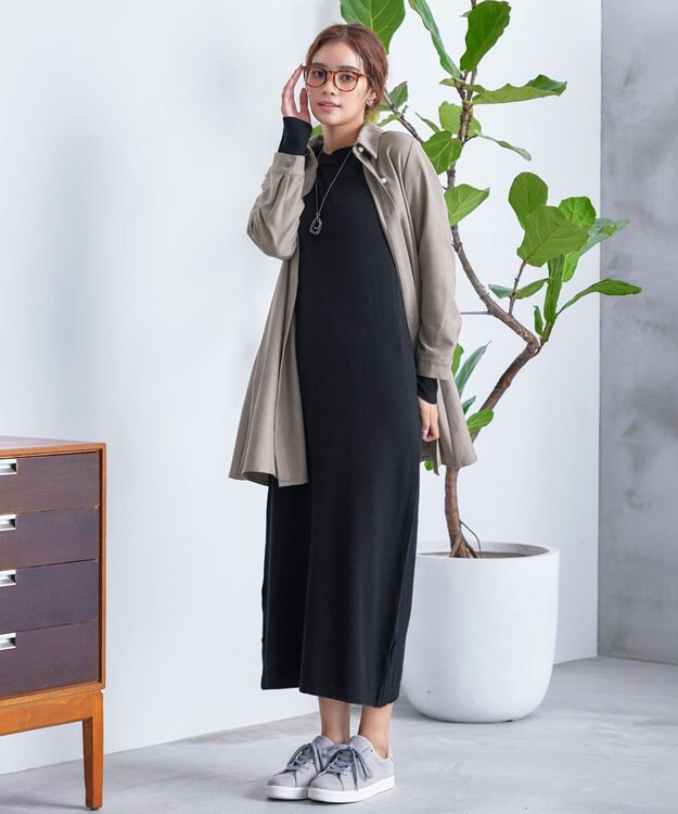 Tiaclasse 【洗える】ウール調パールボタンシャツチュニックブラウス モカ