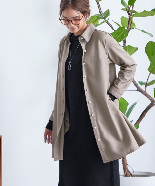 Tiaclasse 【洗える】ウール調パールボタンシャツチュニックブラウス モカ