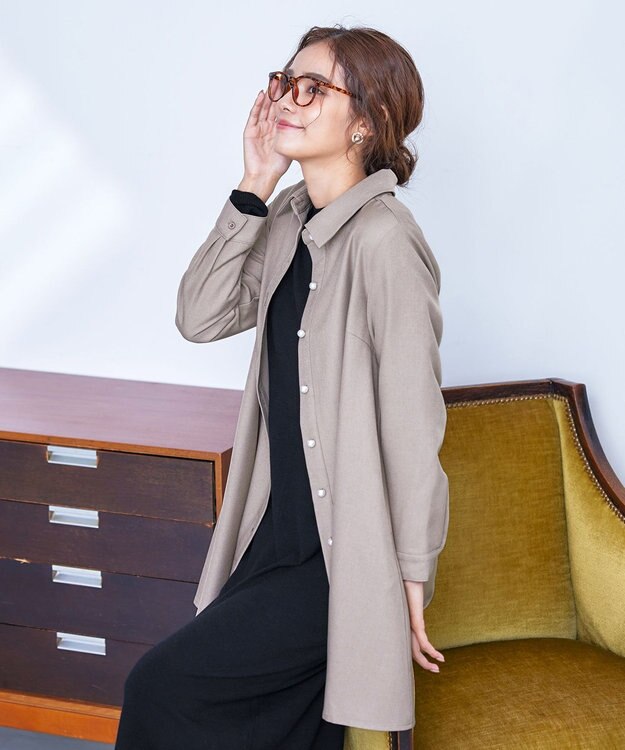 Tiaclasse 【洗える】ウール調パールボタンシャツチュニックブラウス モカ