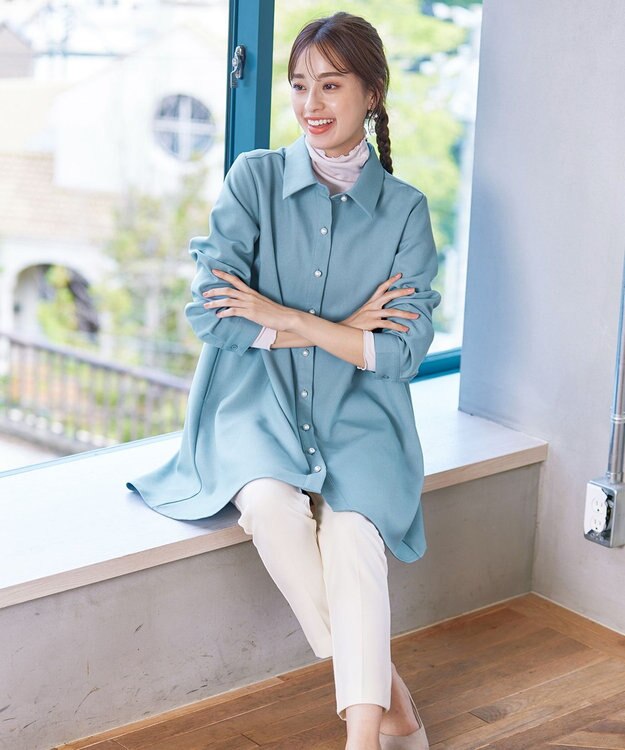 Tiaclasse 【洗える】ウール調パールボタンシャツチュニックブラウス ブルー