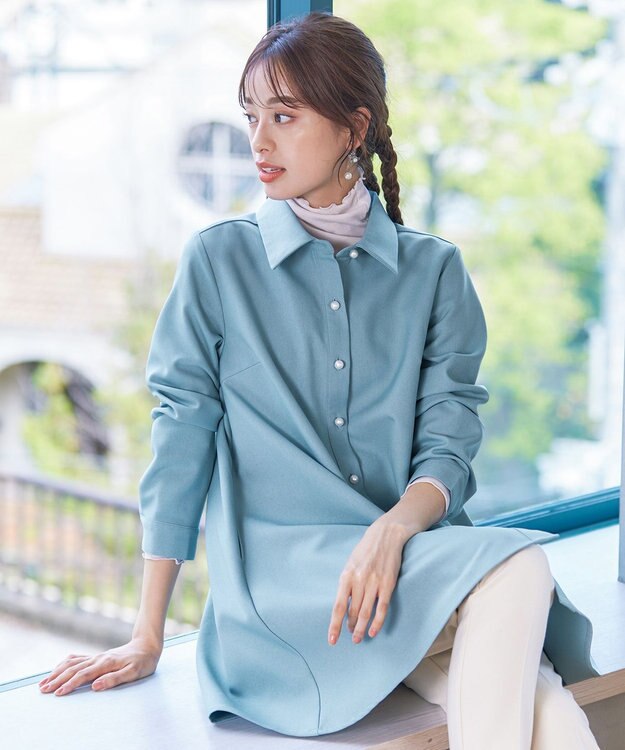 Tiaclasse 【洗える】ウール調パールボタンシャツチュニックブラウス ブルー