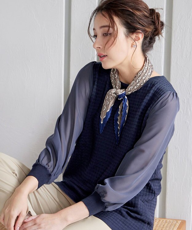 Tiaclasse L 【新色追加・洗える】シアーチェック柄ニットチュニック ネイビー
