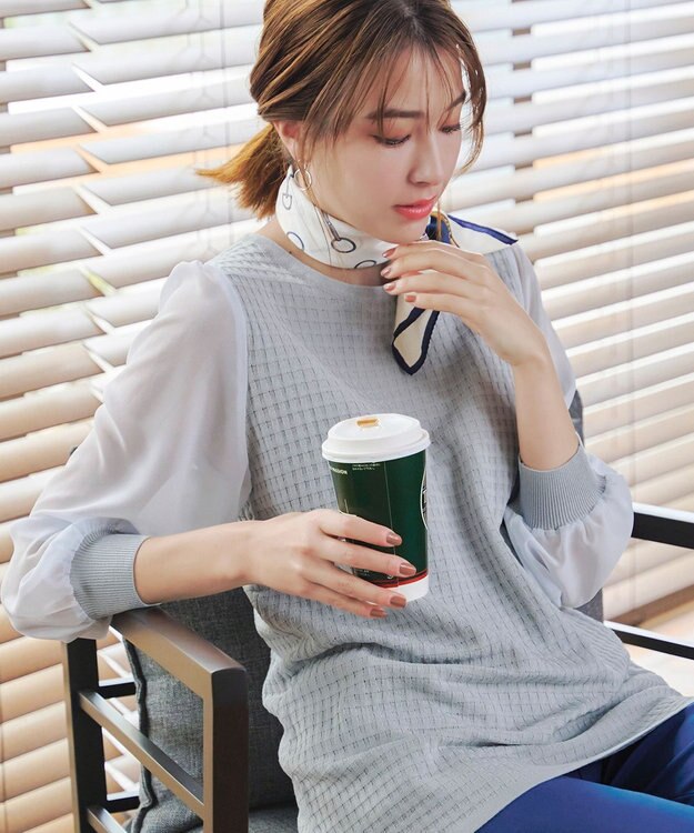 Tiaclasse L 【新色追加・洗える】シアーチェック柄ニットチュニック グレー