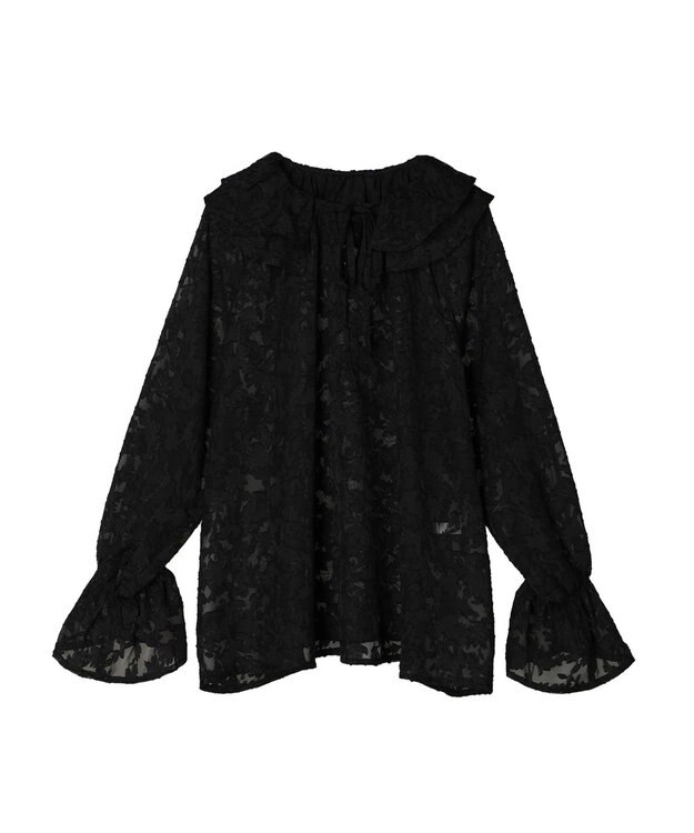 Green Parks シアージャガード花柄フリルブラウス Black