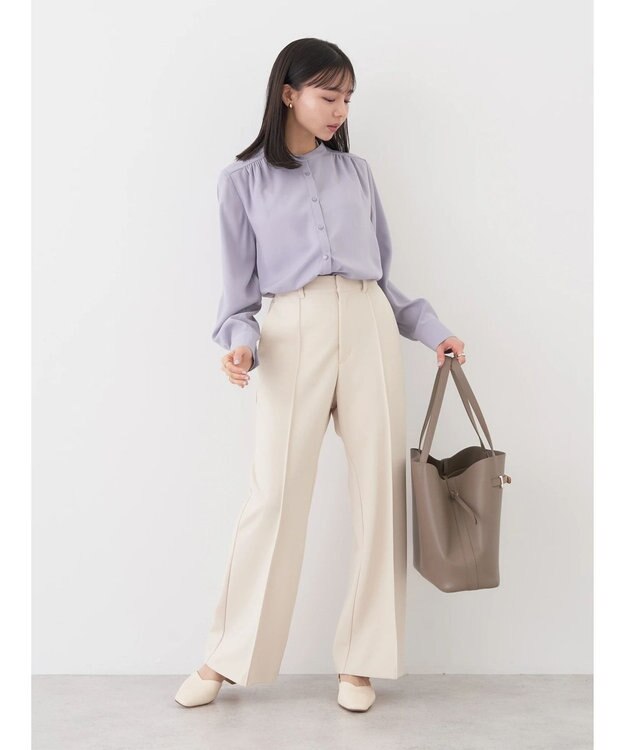 earth music&ecology バンドカラーブラウス Grayish Blue