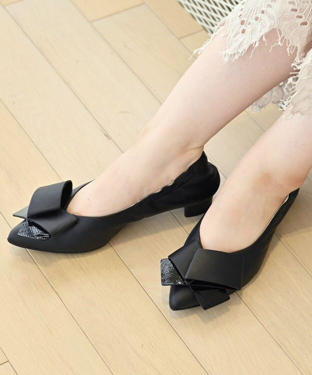 nouvelleRobe Oū 【本革・高反発】Big Ribon ポインテッドトゥ ヒールパンプス ブラック