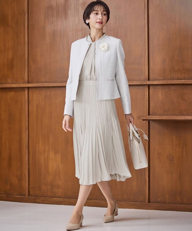 23区 L 【セットアップ対応】ライトシャインツイード ノーカラージャケット ライトグレー系