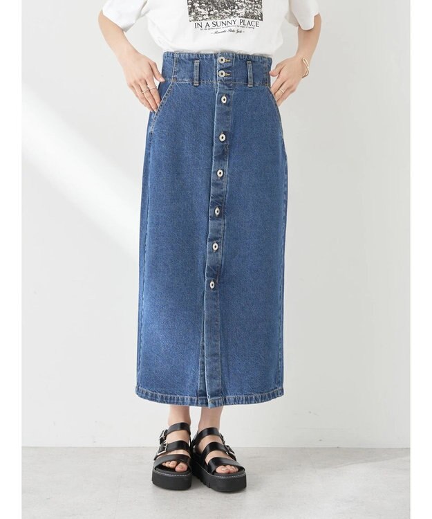 earth music&ecology ボタンナローデニムスカート Medium Indigo