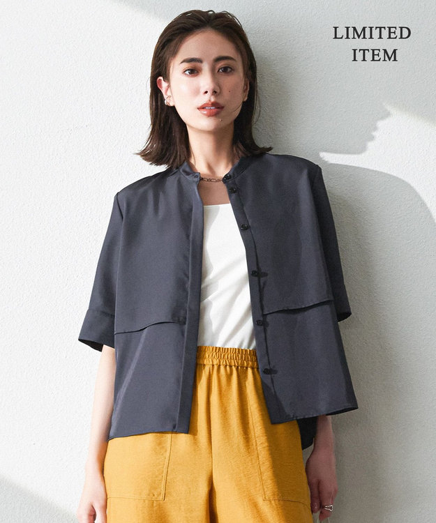 ICB L 【WEB限定・接触冷感・速乾・洗える】シルキーツイル 半袖クロップドシャツ ネイビー系