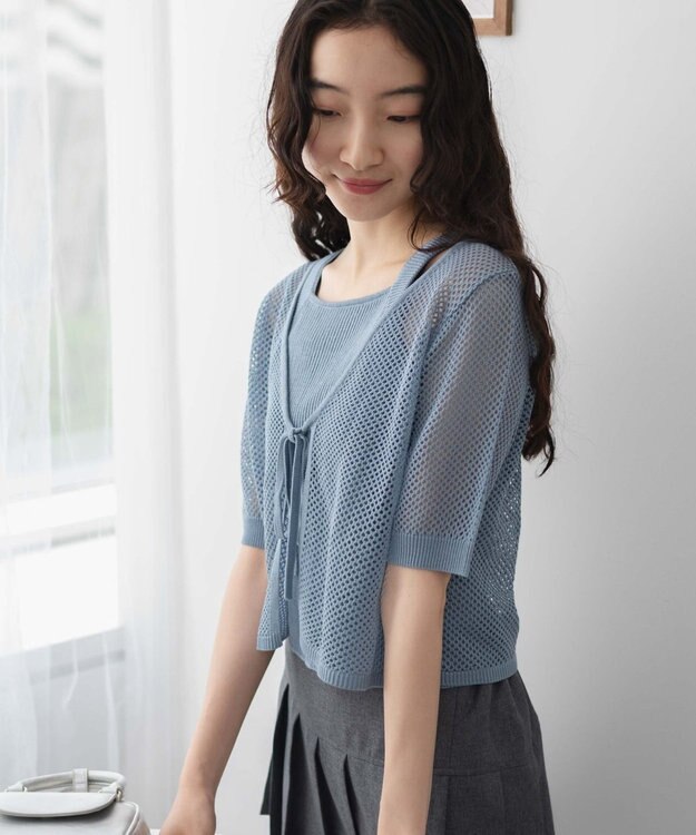 WEGO 【２点セット】半袖メッシュアンサンブルカーデ サックス