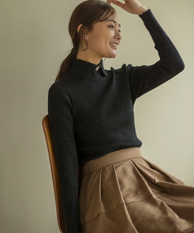 組曲 【前後着用・手洗い可】ELENAスパンコール襟デザイン ニット ブラック系