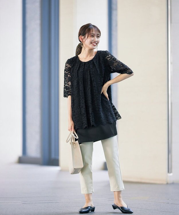 Tiaclasse L 【洗える】スカラップレースチュニックブラウス ブラック