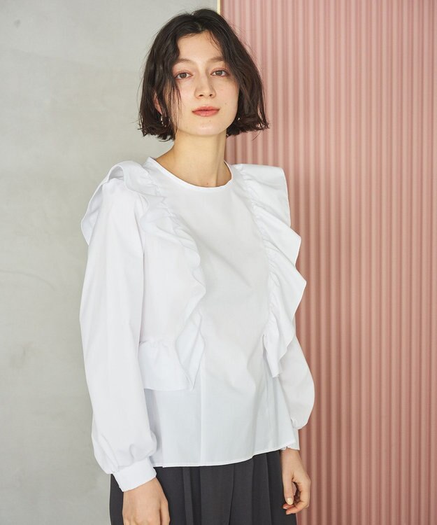 #Newans 【洗濯機可能/シワになりにくい】〈小柄さんにお勧め〉バーティカルフリルブラウス ホワイト