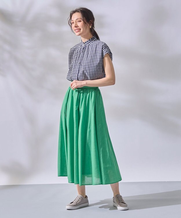 ANY 【ウエストゴム/ポケット付】シャンブレーライク フレアスカート グリーン