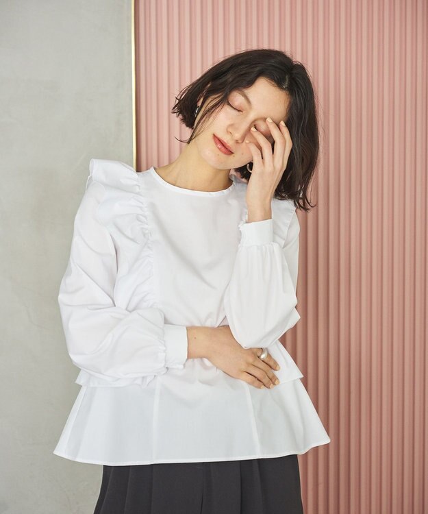 #Newans 【洗濯機可能/シワになりにくい】〈小柄さんにお勧め〉バーティカルフリルブラウス ホワイト