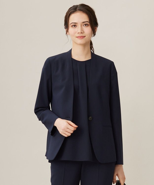 自由区 【セットアップ対応・UVカット・接触冷感・洗える】ライトストレッチノーカラー ジャケット ネイビー