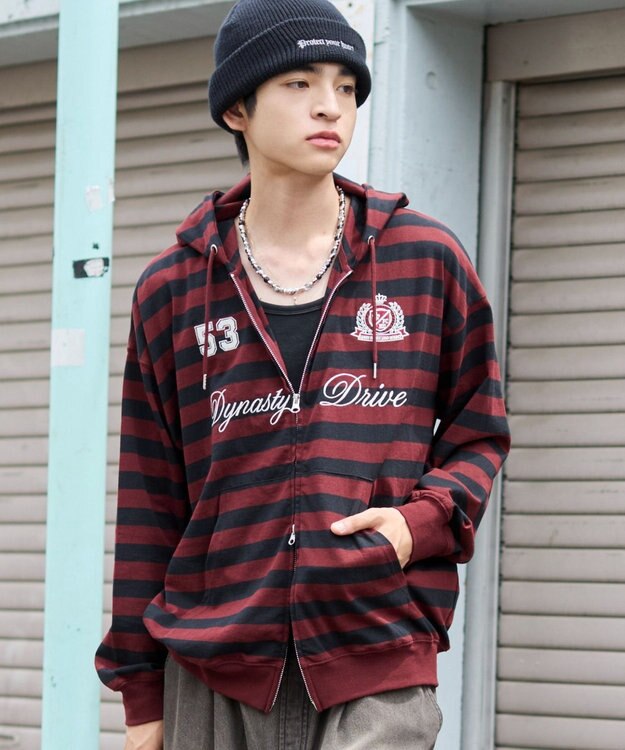 WEGO 【ユニセックスITEM/MLサイズ展開】ナンバリングカットZIPパーカー レッドボーダー