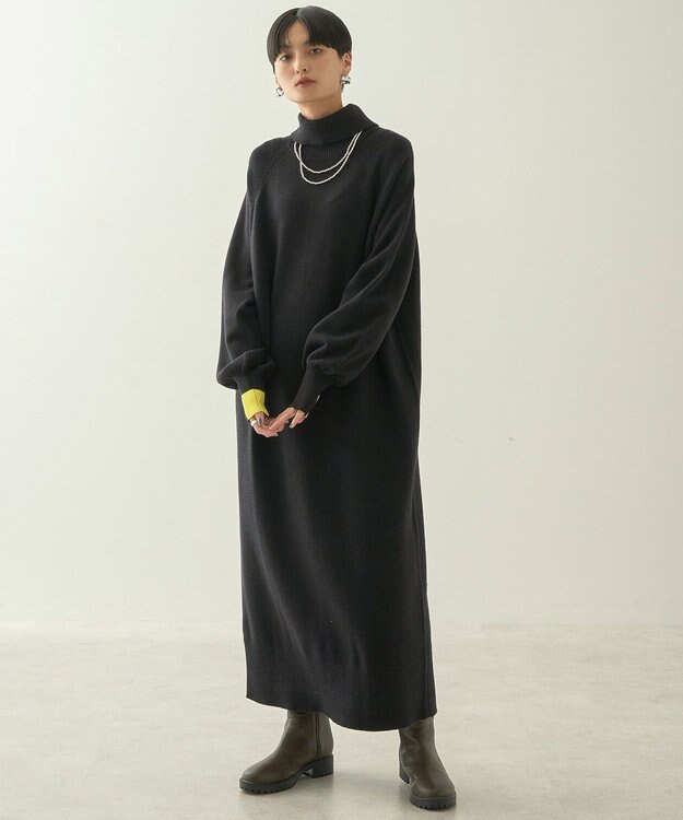 AMERICAN HOLIC バイパチバイカラーモックネックニットワンピース Black