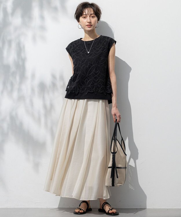 23区 【洗える】ソフトオーガンジー タック スカート ベージュ系