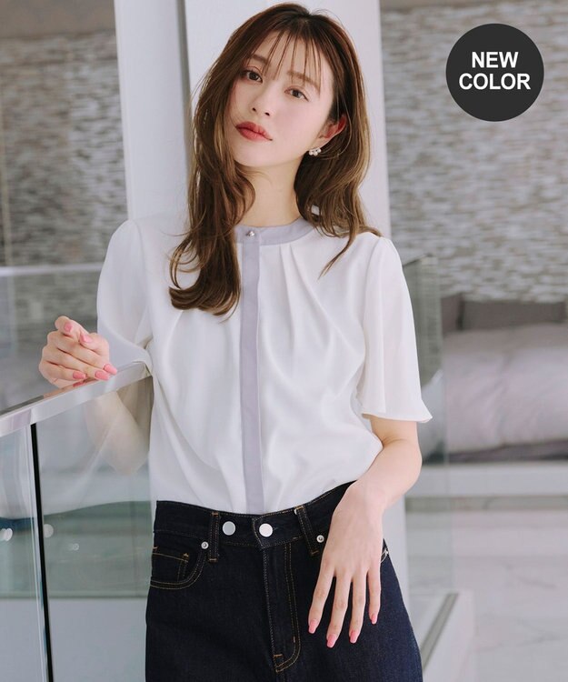 Tiaclasse L 【新色追加・洗える】フロントタック配色ブラウス オフ×グレー