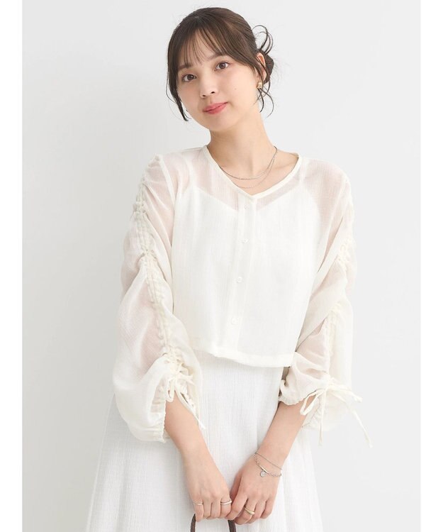 earth music&ecology キラキラシアーギャザーシャツ Off White