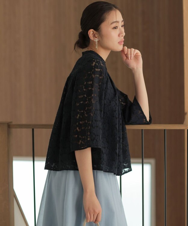 組曲 L フラワーラッセルレーススタンド襟 ブラウス ネイビー系