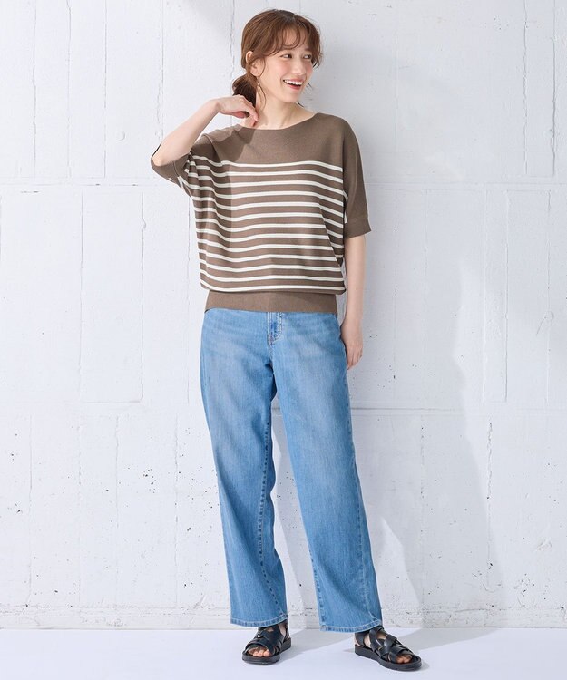 ANY 【洗濯機可/UVカット/アンチピリング】ハーフスリーブガーターニット グレージュ×アイボリー