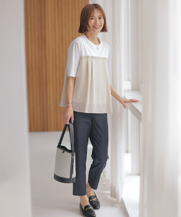 J.PRESS LADIES L 【洗える】ドッキングジャージー ビスチェライク プルオーバー オフ×ベージュ系