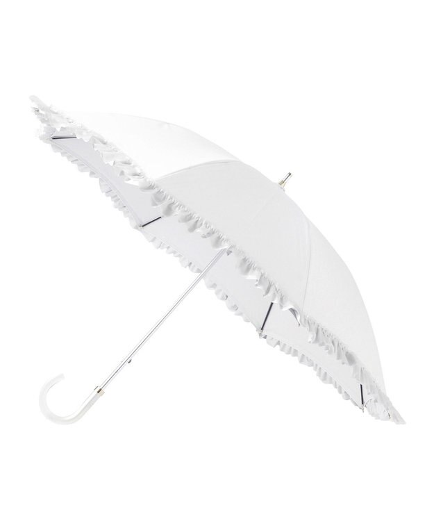 MOONBAT ランバン オン ブルー 晴雨兼用日傘 長傘 ビジュー付きオーガンジーフリル 遮光 遮熱 UV オフホワイト