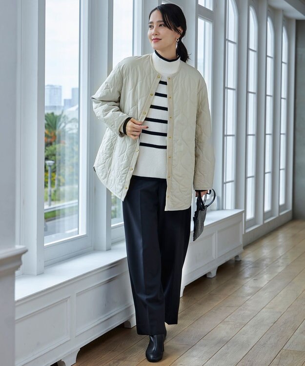 自由区 L 【WEB限定カラーあり・洗える】ウールカシミヤブレンドハイネック ニット オフ×ブラックボーダー