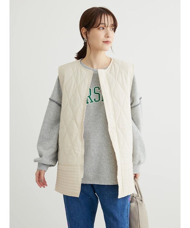 Green Parks ヒョウタンキルトミドル丈ベスト Ecru