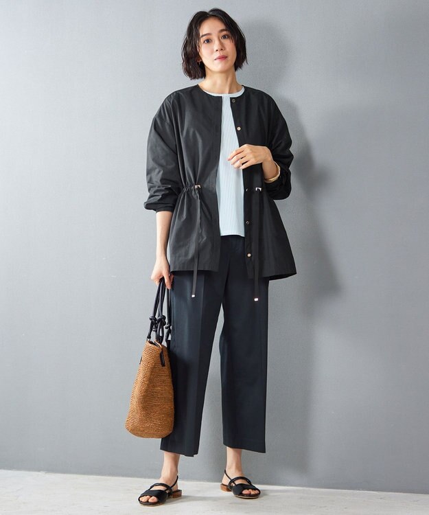 自由区 L 【接触冷感・洗える】コットンサテンストレッチクロップド丈ワイド パンツ ネイビー