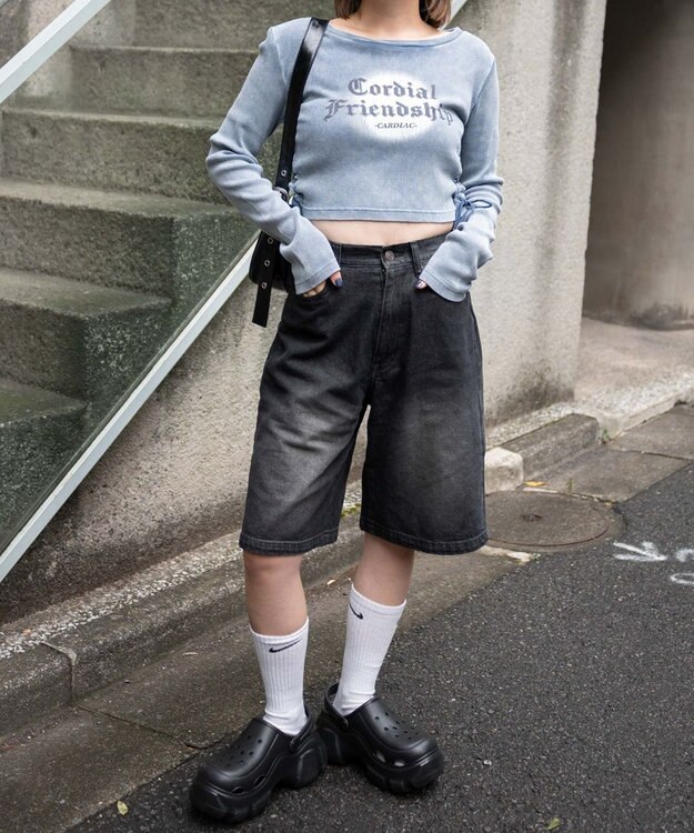 WEGO ヴィンテージウォッシュレースアップロンT ブルー