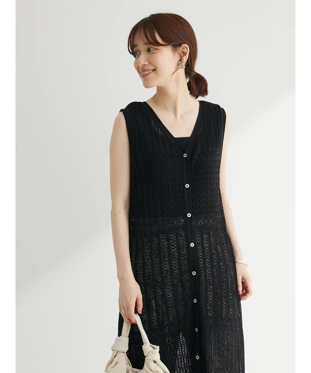 Green Parks すかし柄ロングベスト Black