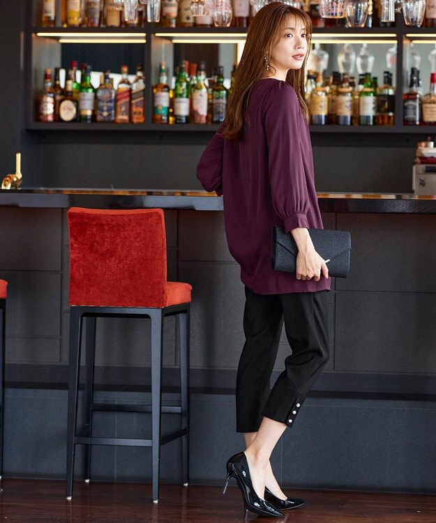 Tiaclasse 【洗える】スリットパールテーパードパンツ ブラック