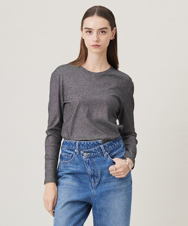 ICB L 【洗える】 シャイニーリブテレコ プルオーバー ブラック×シルバー系