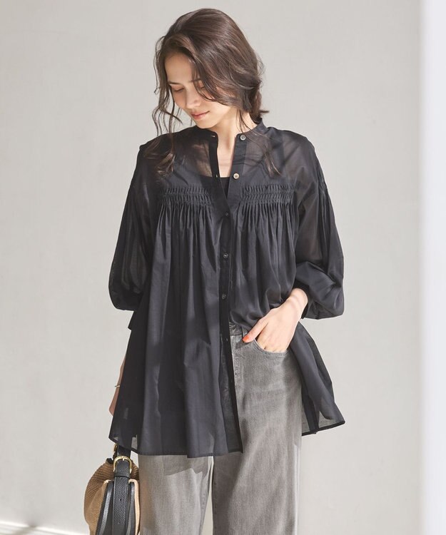 23区 L 【SLOW/一部店舗限定】コットンボイル ギャザー ブラウス ブラック系