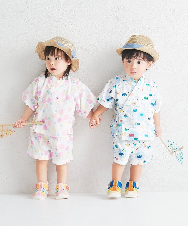 MIKI HOUSE HOT BISCUITS 【80-120cm】総柄 甚平スーツ ピンク