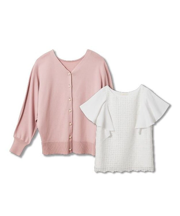 ANY SIS 【優木まおみさんコラボ】愛しの着回し カーディガン×ブラウス セット ペールピンク×オフ