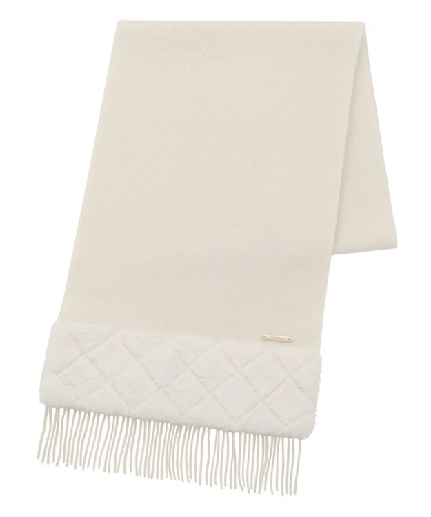 MOONBAT 【WEB限定】フルラ (FURLA)エコファー付きマフラー 無地×キルト風 ウールマフラー ロゴプレート付き オフホワイト