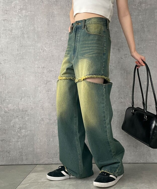 WEGO ヴィンテージウォッシュサイドカットデニムパンツ デニム