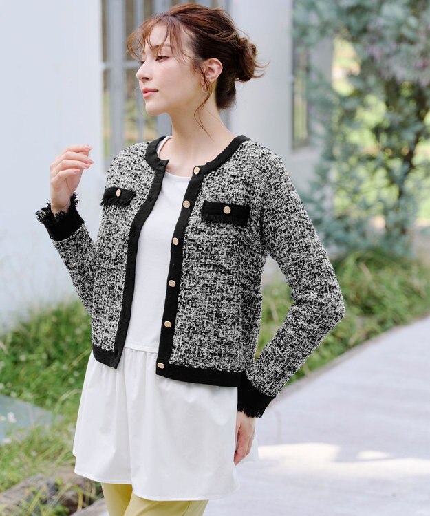 Tiaclasse 【洗える】ツイードニットカーディガン グレー