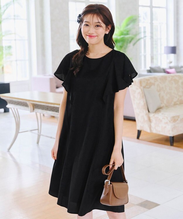 Tiaclasse 【洗える】フレアスリーブ花柄サックワンピース ブラック