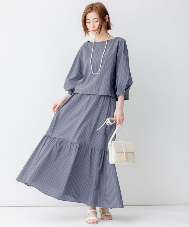 23区 L 【一部店舗限定/洗える】ハイカウントウェザーストレッチ ボートネック コンパクト ブラウス グレー×ホワイトストライプ